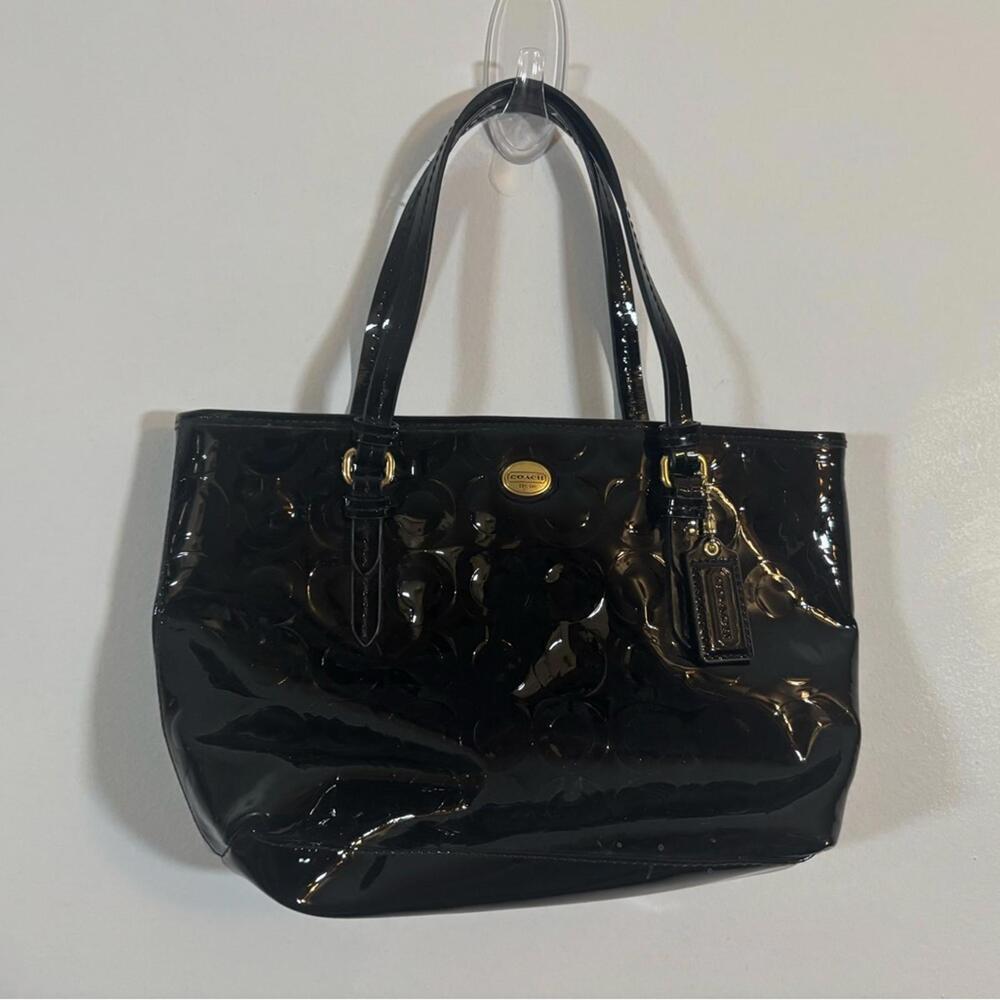 Coach Black Patent Leather Embossed Signature Tote Bag 13x9” Gold Hardware